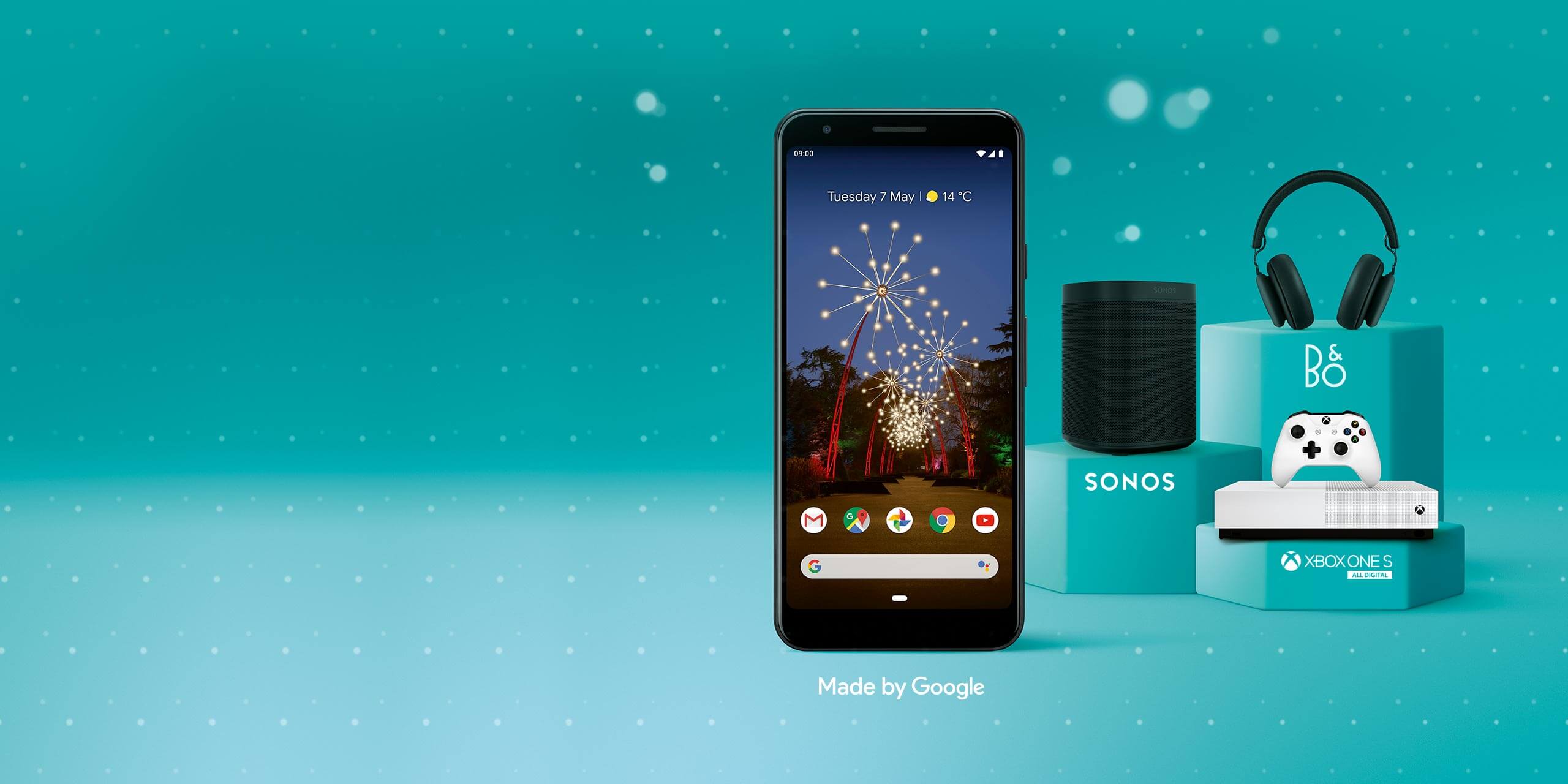  Google Pixel 3a with Sonos speaker, Xbox and B&O headphones 